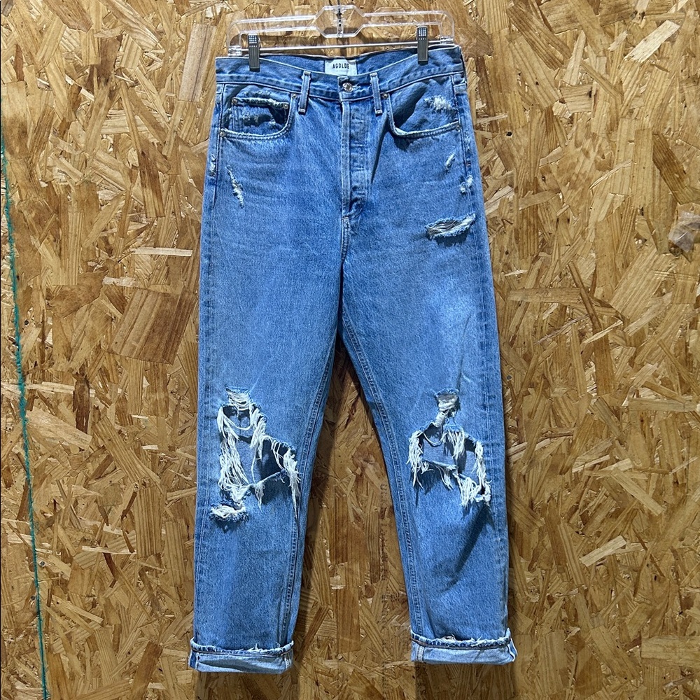 Agolde 90s High Rise Button Fly Loose Fit High Rise Distressed Blue Jeans